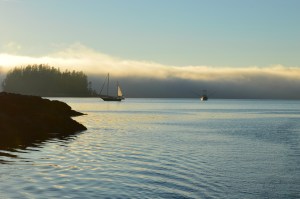 Sailboat and Fishing Boat at Dusk